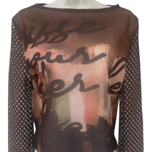 Long Net Sleeves Print Crop Top Brown M/L - Picture 2 of 7